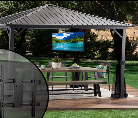 Watching TV inside Gazebo with curtain and screen